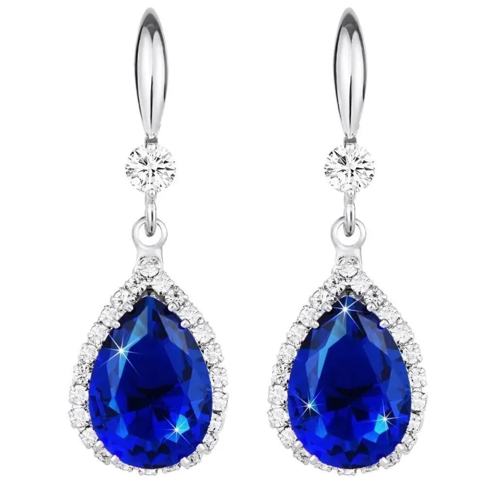 14K White Gold with Blue Sapphire Cubic Zirconia Teardrop Hook Dangle Earrings